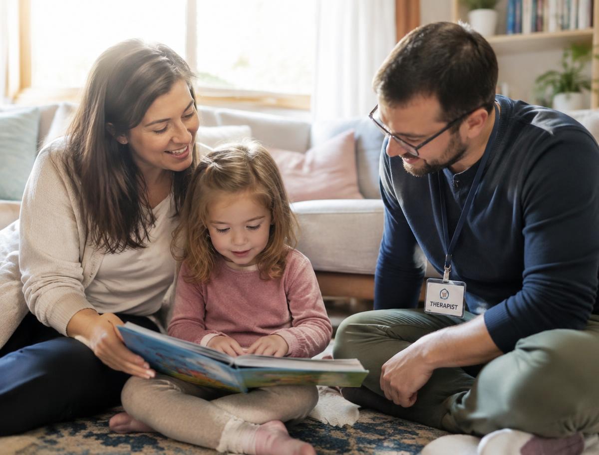A parent and child reading together with a therapist